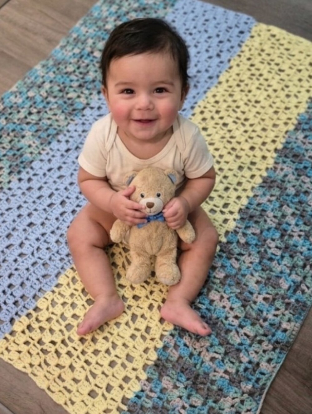 Hand Crocheted Baby Afghan Blanket Blue & Yellow
